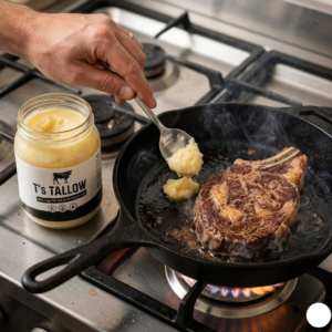 Person spooning tallow from a jar labeled 'T's Tallow' into a sizzling steak in a cast-iron pan on a gas stove.