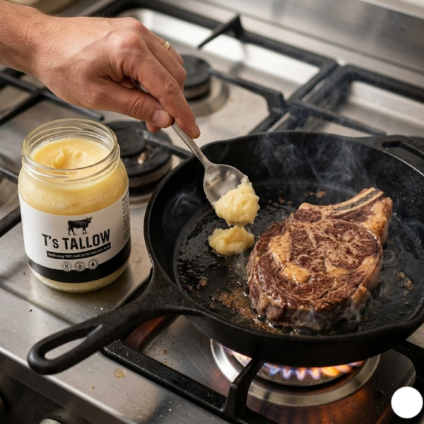 Person spooning tallow from a jar labeled 'T's Tallow' into a sizzling steak in a cast-iron pan on a gas stove.
