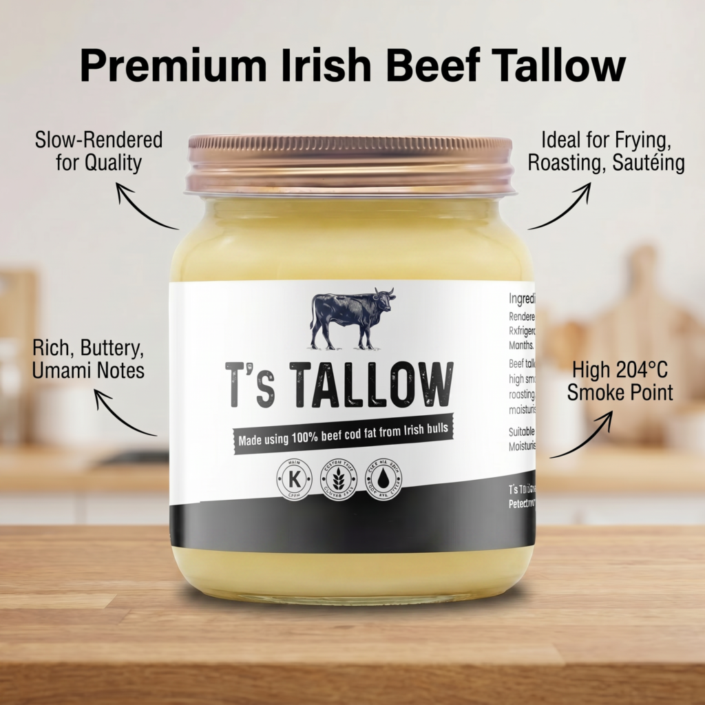 Jar of Premium Irish Beef Tallow with label and bold product title visible, plus overlay text about slow rendering and high smoke point (informative).