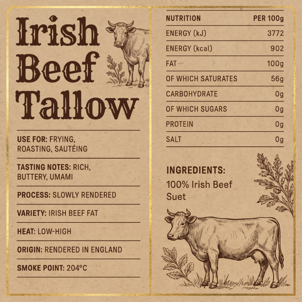 Old-fashioned label for Irish Beef Fat; left side shows decorative text and a cow sketch, right side nutrition panel per 100g.