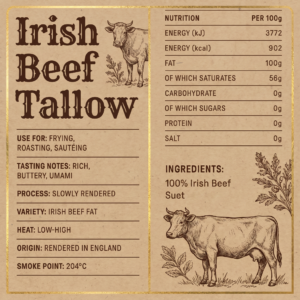Old-fashioned label for Irish Beef Fat; left side shows decorative text and a cow sketch, right side nutrition panel per 100g.