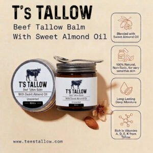 T’s Tallow Beef Tallow Balm with Sweet Almond Oil on a beige background, jar and tin labeled T'S TALLOW