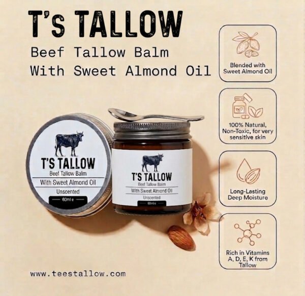 T’s Tallow Beef Tallow Balm with Sweet Almond Oil on a beige background, jar and tin labeled T'S TALLOW