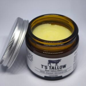T’s Tallow natural beef tallow balm open in a glass jar with aluminium lid