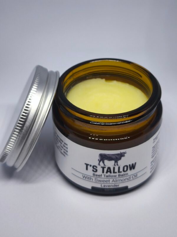 T’s Tallow natural beef tallow balm open in a glass jar with aluminium lid