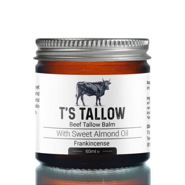 T’s Tallow natural beef tallow balm in glass jar with aluminium lid