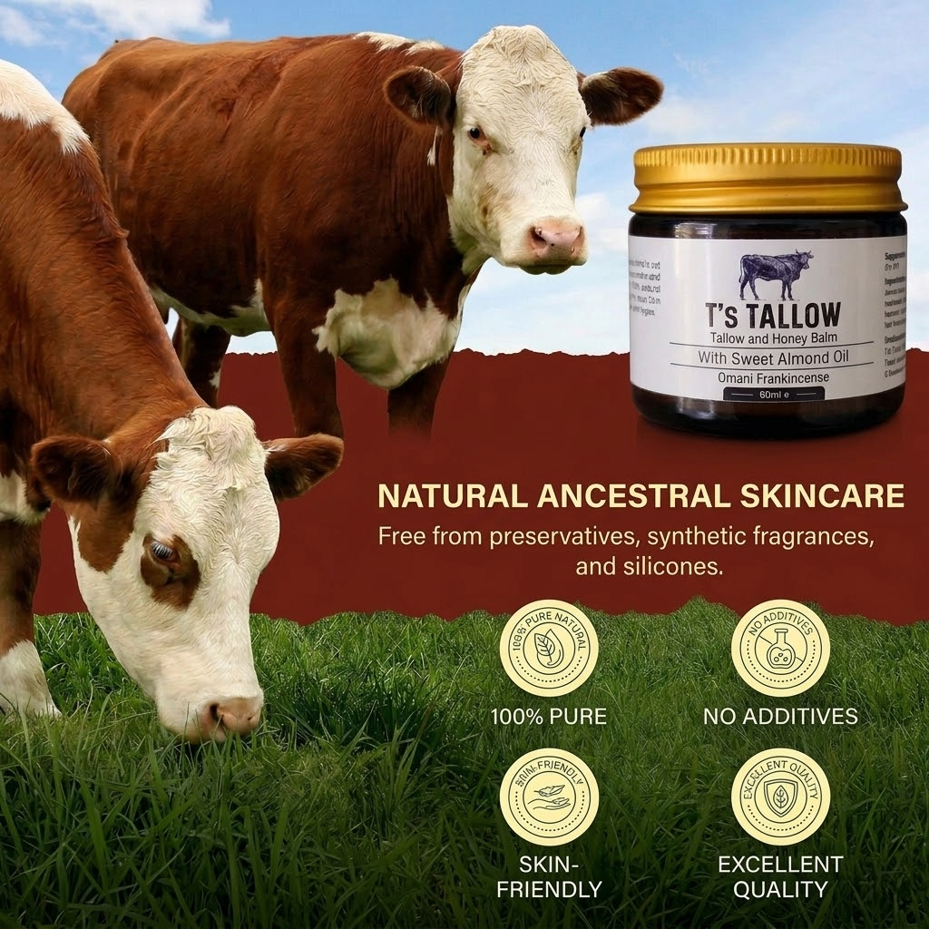 Cows grazing in a field beside a jar of T's Tallow balm, promoting natural skincare with labels for 100% pure, no additives, skin-friendly and excellent quality.