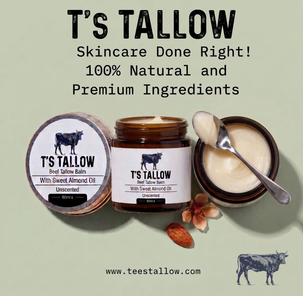 Banner promoting T's Tallow skincare with balm jars, an open tin with balm and a spoon, the brand cow logo, and the website teestallow.com on a pale background