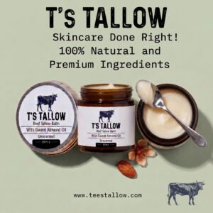 Banner promoting T's Tallow skincare with balm jars, an open tin with balm and a spoon, the brand cow logo, and the website teestallow.com on a pale background