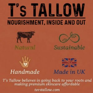 Brand banner for T's Tallow highlighting natural, sustainable, handmade, and UK-made skincare on an orange background.