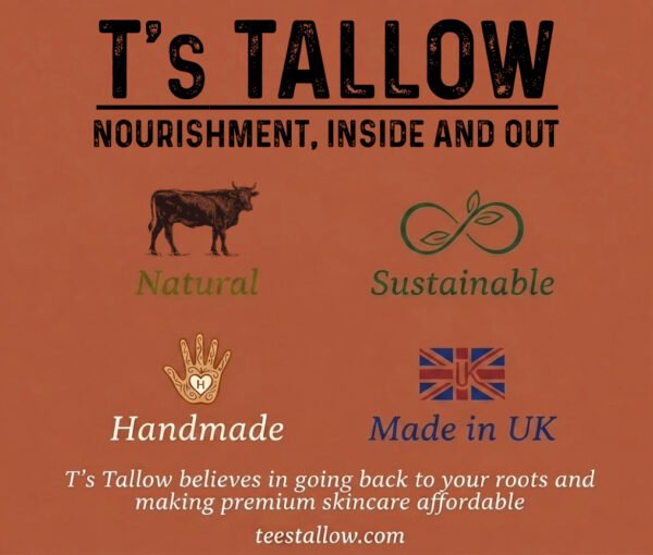 Brand banner for T's Tallow highlighting natural, sustainable, handmade, and UK-made skincare on an orange background.