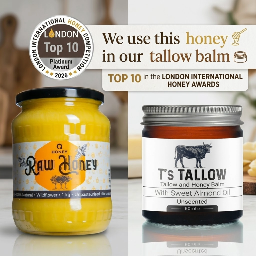 Two jars of honey side by side (Raw Honey and T's Tallow balm) with a banner claiming honey used in the tallow balm and an award badge in the corner.