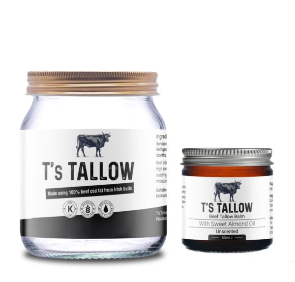 Tallow Bundle T’s Tallow natural beef tallow balm in glass jar with aluminium lid and Irish Beef Tallow
