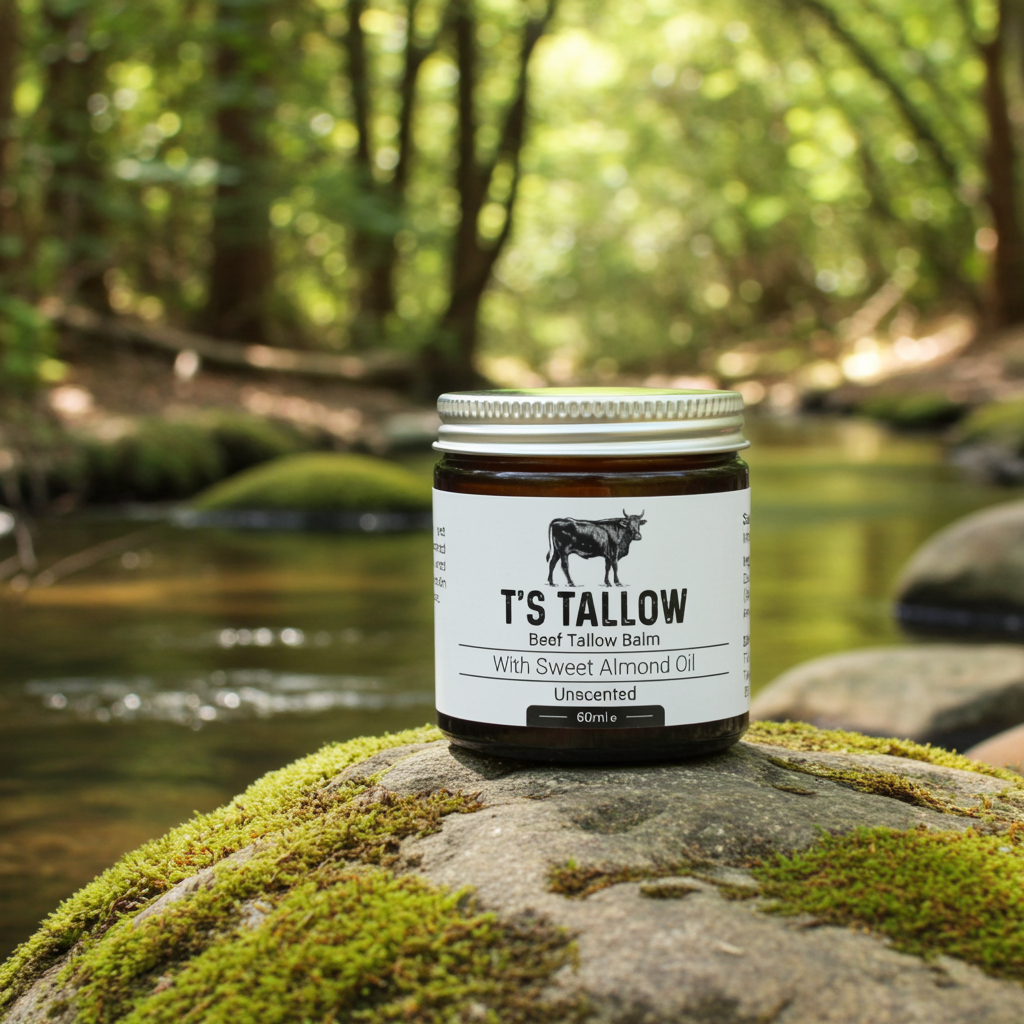 T’s Tallow natural beef tallow balm in glass jar with aluminium lid