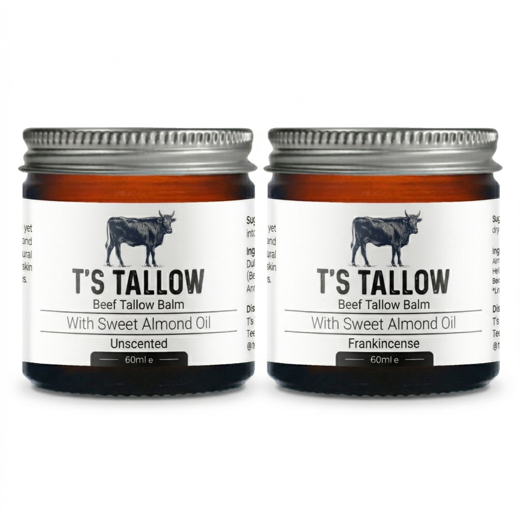 Two jars of beef tallow balm side by side, labeled with a cow illustration and ingredients visible on the label (Beef Tallow Balm with Sweet Almond Oil).
