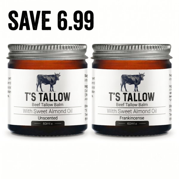 Pair of identical jars of beef tallow balm, each with a cow illustration and the label 'It's Tallow'.