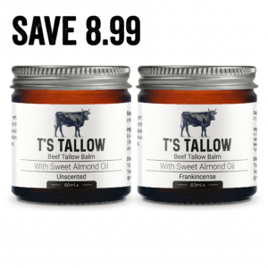 Two balm jars side by side with metal lids and a label reading It's Tallow; branding includes a cow illustration.