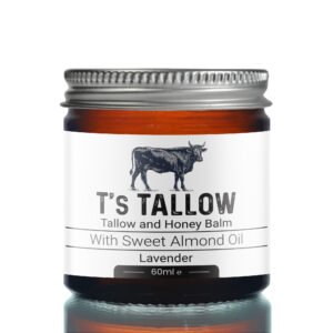Close-up of a balm bottle label reading "It's Tallow" with "Tallow and Honey Balm" and lavender scent (60 ml).