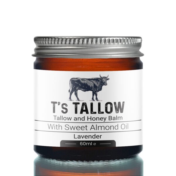 Close-up of a balm bottle label reading "It's Tallow" with "Tallow and Honey Balm" and lavender scent (60 ml).