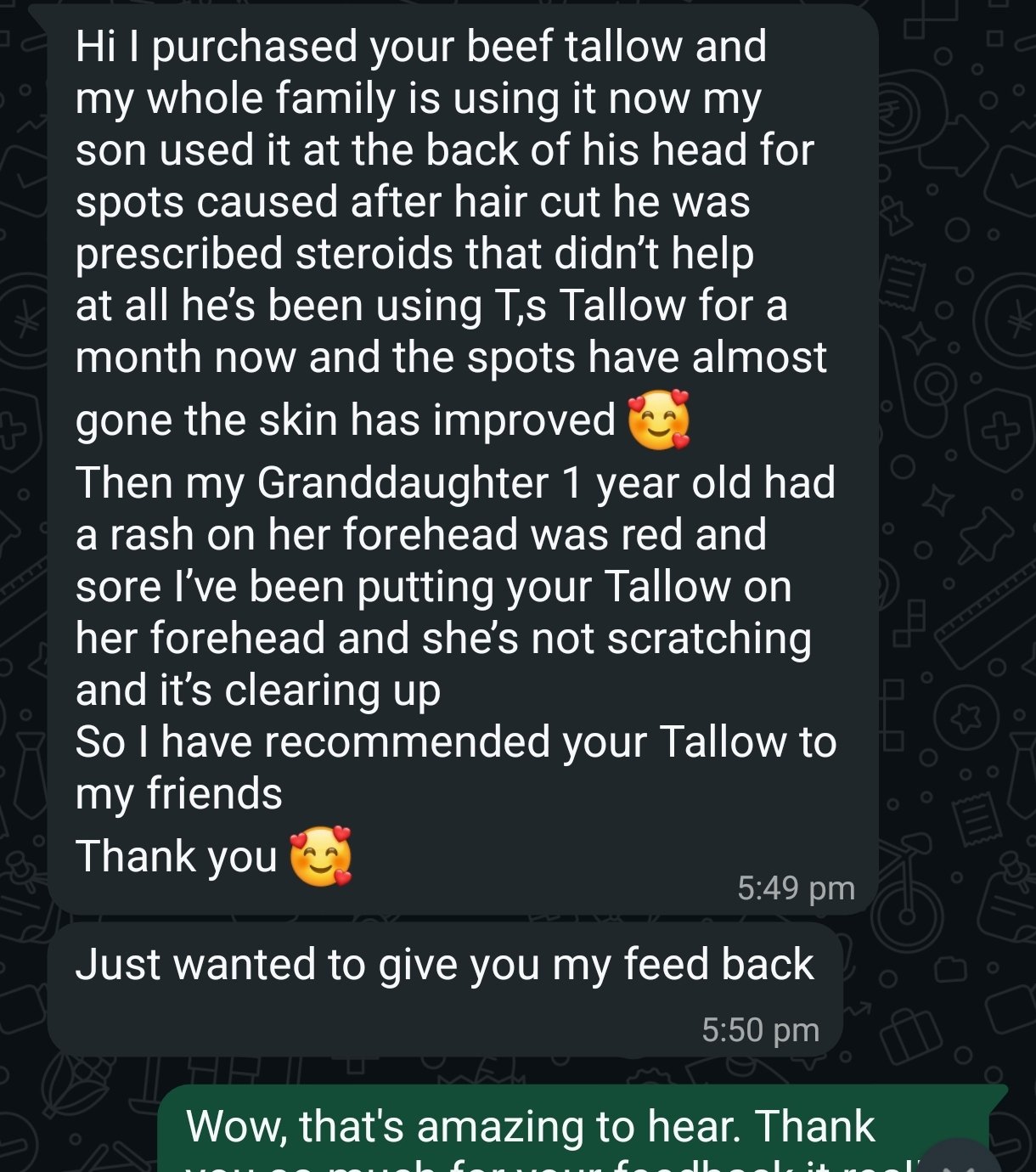 WhasApp chat-style testimonial praising beef tallow for family skin improvements, with emojis expressing gratitude.