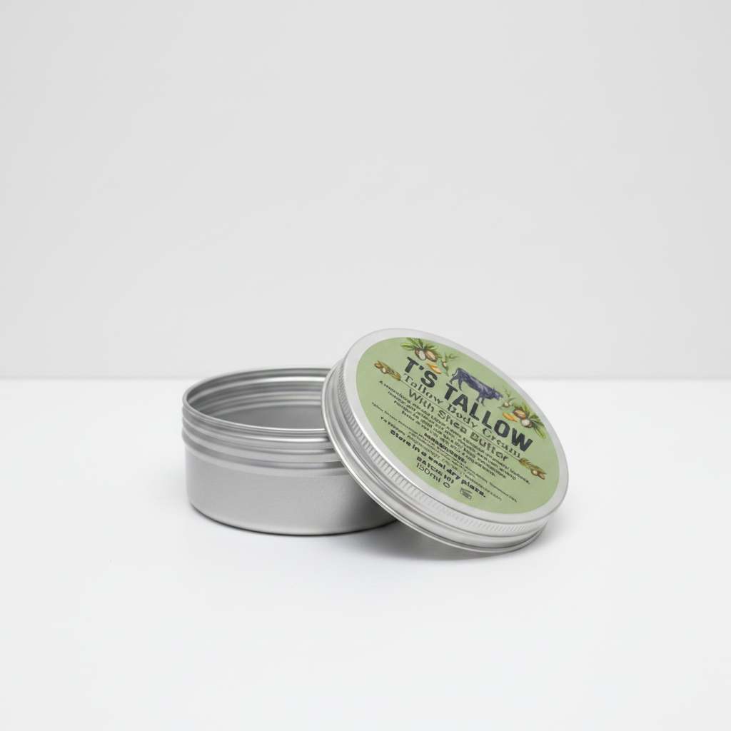 Small round metal tin with its lid open, resting on a white surface; the lid has a green labeled graphic on top.