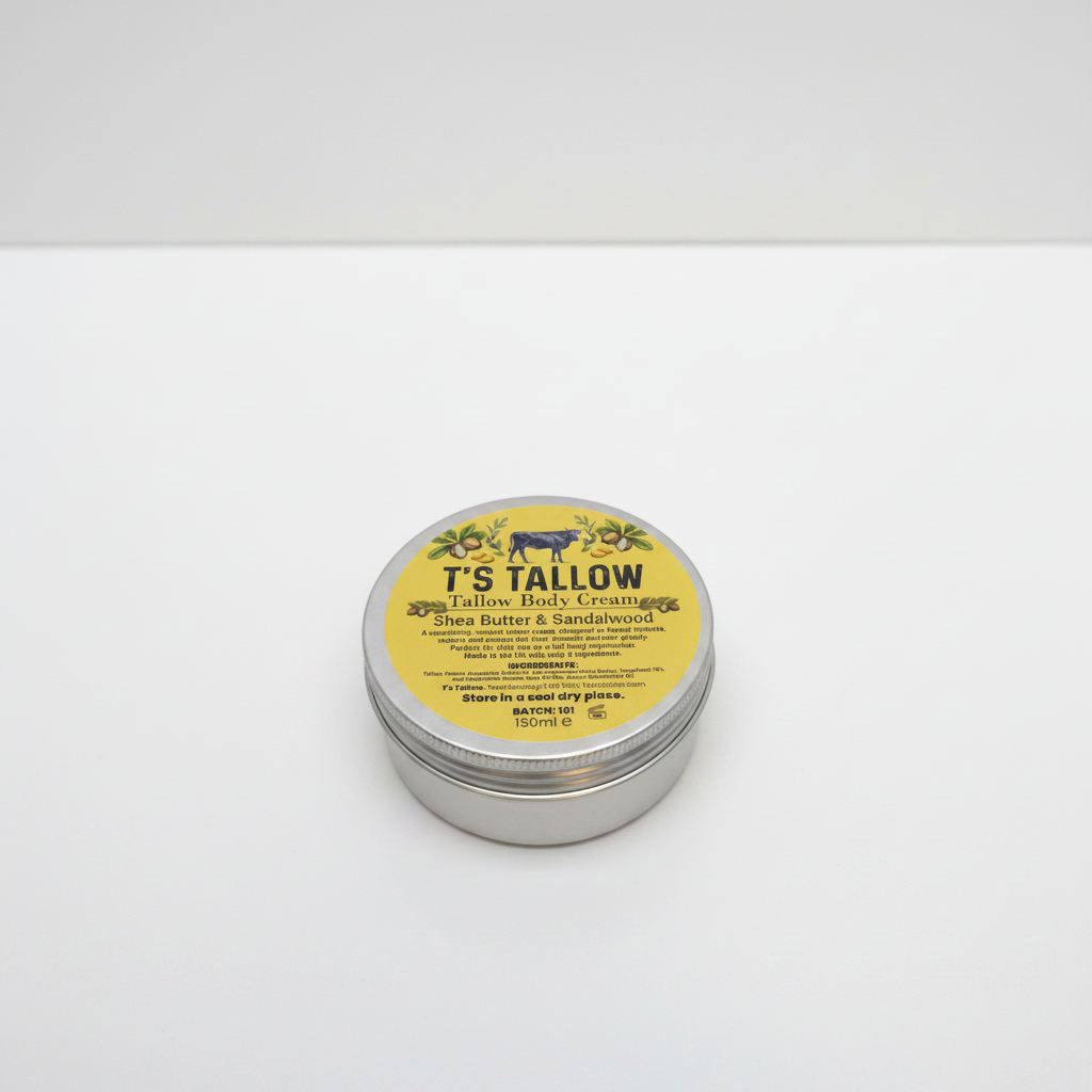 Small metal tin of T's Tallow Tallow Body Cream with yellow label reading Shea Butter & Sandalwood on a white surface, angled top view.