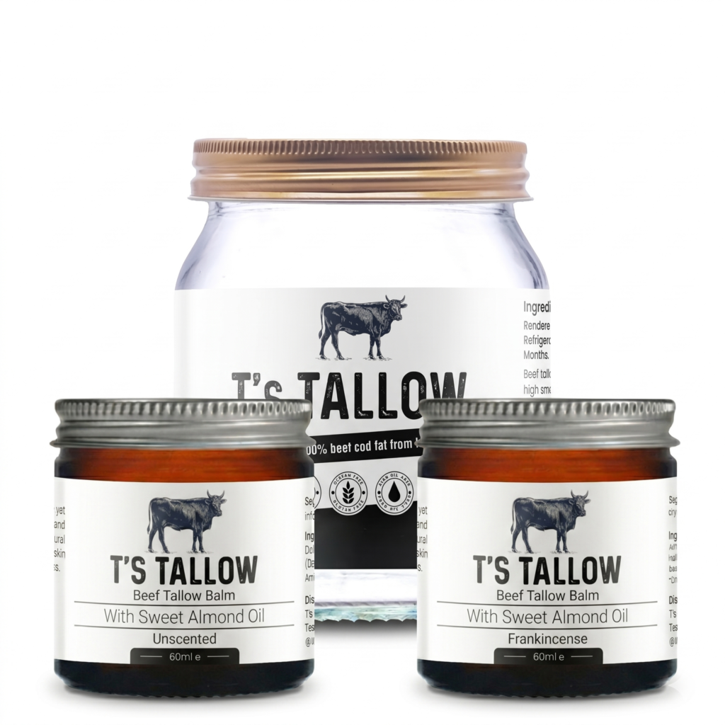 Two jars of T's Tallow beef tallow balm on a white background with cow logo and bold label text visible.